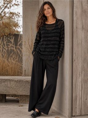 EILEEN FISHER PETITE ORGANIC COTTON BLACK GRAY PULLOVER TOP SWEATER SZ L PL